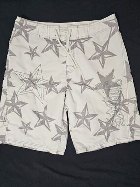 SoCal No Fear Vtg Men’s Board Shorts Size 36 Gray White Star Print Swim Trunks